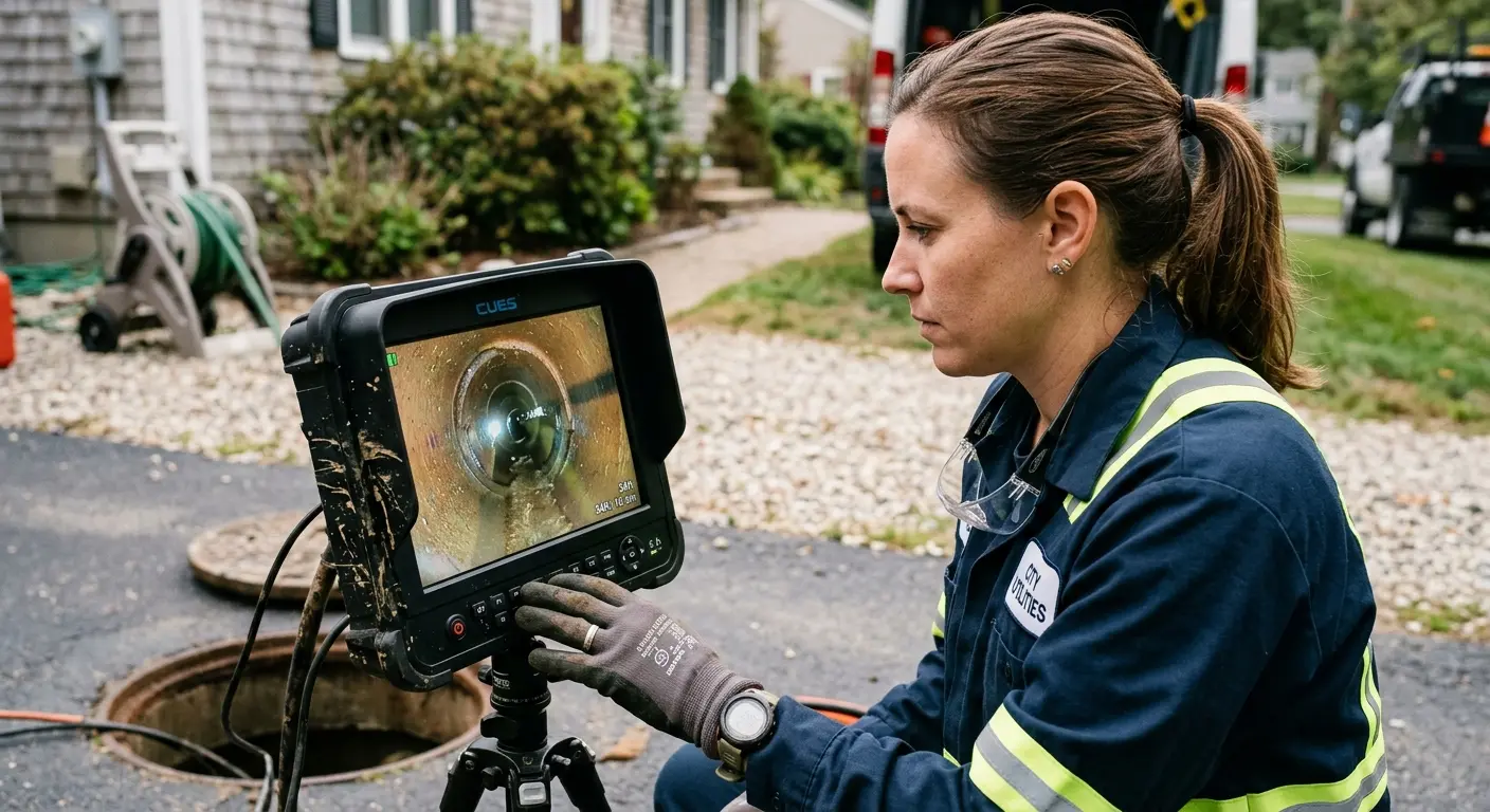 Technician reviewing sewer camera inspection footage in Bluefield