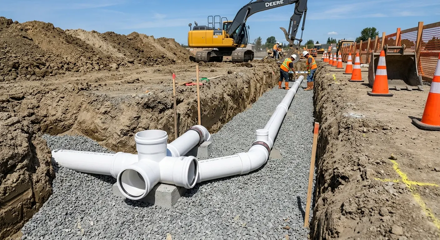 New PVC sewer pipe installation in open trench for Sewer Backup in Bluefield