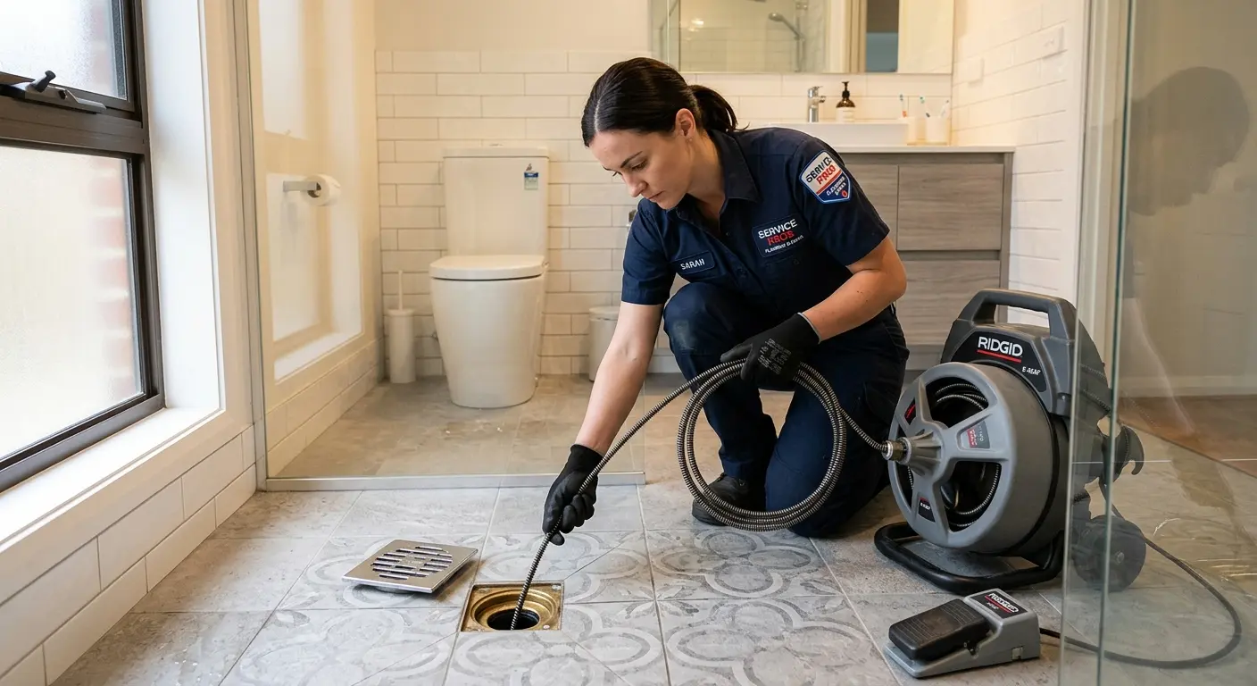 Technician clearing a bathroom floor drain for Drain Cleaning in Bluefield
